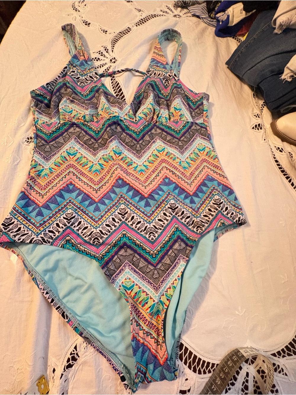 Liz Claiborne One Piece Swimsuit Size 14 Tummy Control Geometric Print